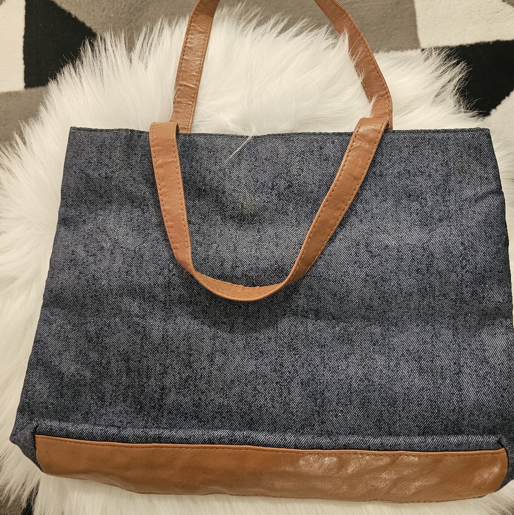 Guess Denim Tote Bag with Brown Handles - Picture 2 of 4